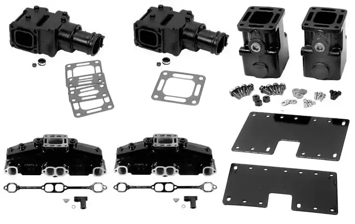 Stock Mercury OEM Small Block Chevy 305 / 350 Cast Iron 4" Exhaust Manifold, 6" Spacer and Riser Kit Clearance