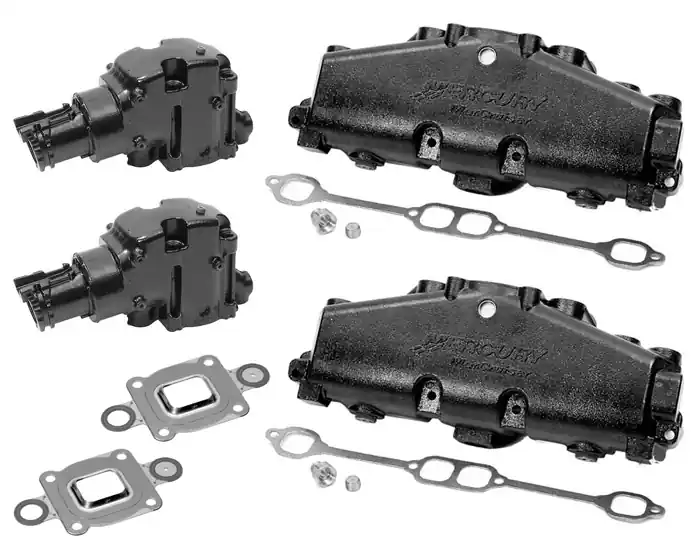 Stock Mercury OEM Small Block Chevy 350 Dry Joint Cast Iron 4" Exhaust Manifold and 14 Degree Riser Kit - 865735A02 Top Rated