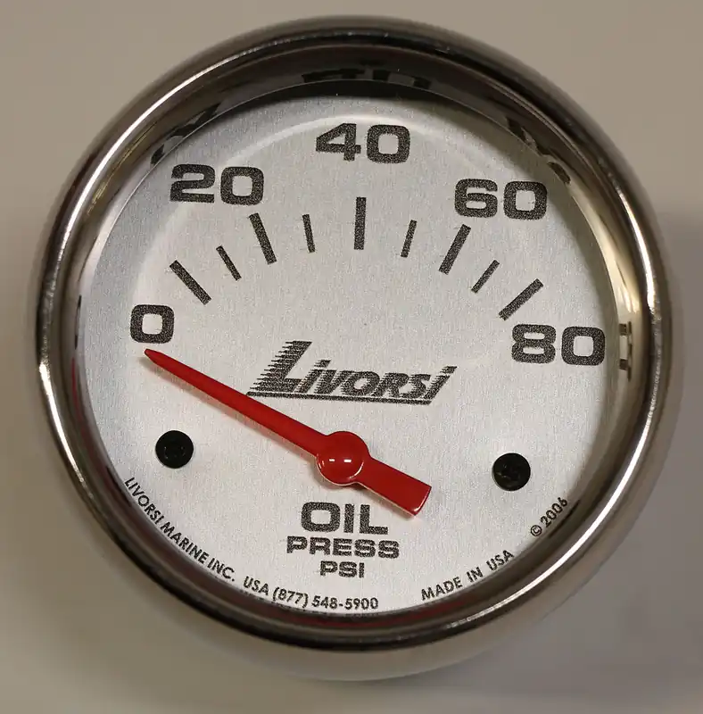 Place Order 2-5/8" Electric 80 PSI Oil Pressure Gauge, Platinum Face, Polished SS Mega Rim