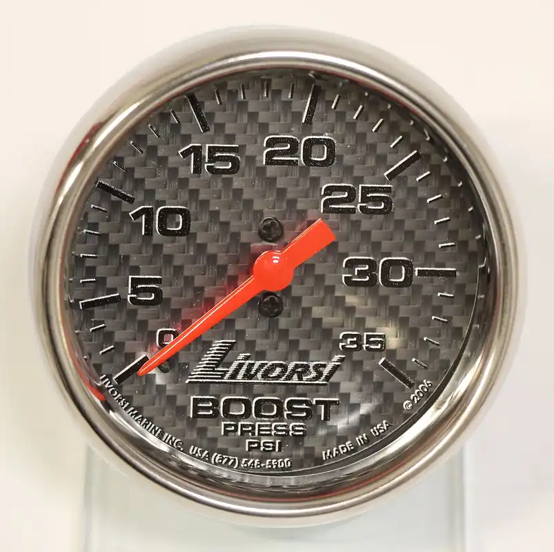 2-5/8" Mechanical 0-35 PSI Boost Gauge, Silver Fiber Face, Polished SS Mega Rim Premium