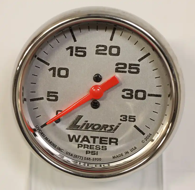 2-5/8" Mechanical 0-35 PSI Water Pressure Gauge, Platinum Face, Polished SS Mega Rim Hot Picks