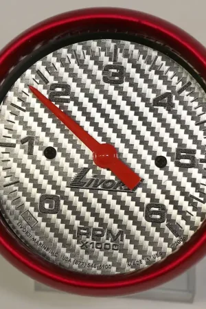 3-3/8" 0-6000 RPM Tachometer, Silver Fiber Face, Red Mega Rim Clearance