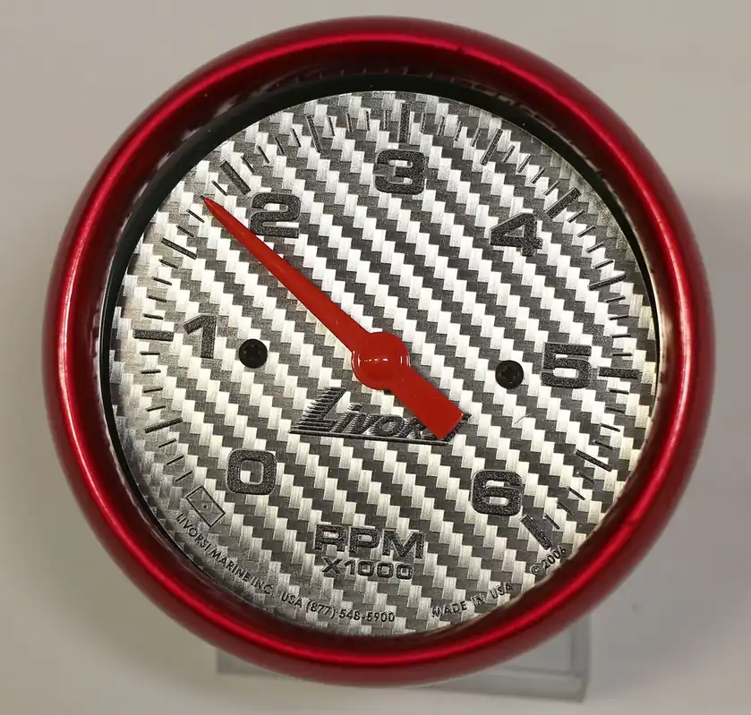 3-3/8" 0-6000 RPM Tachometer, Silver Fiber Face, Red Mega Rim Clearance